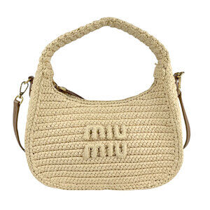 Miu Miu handbag shoulder bag raffia leather Beige Tan brown gold